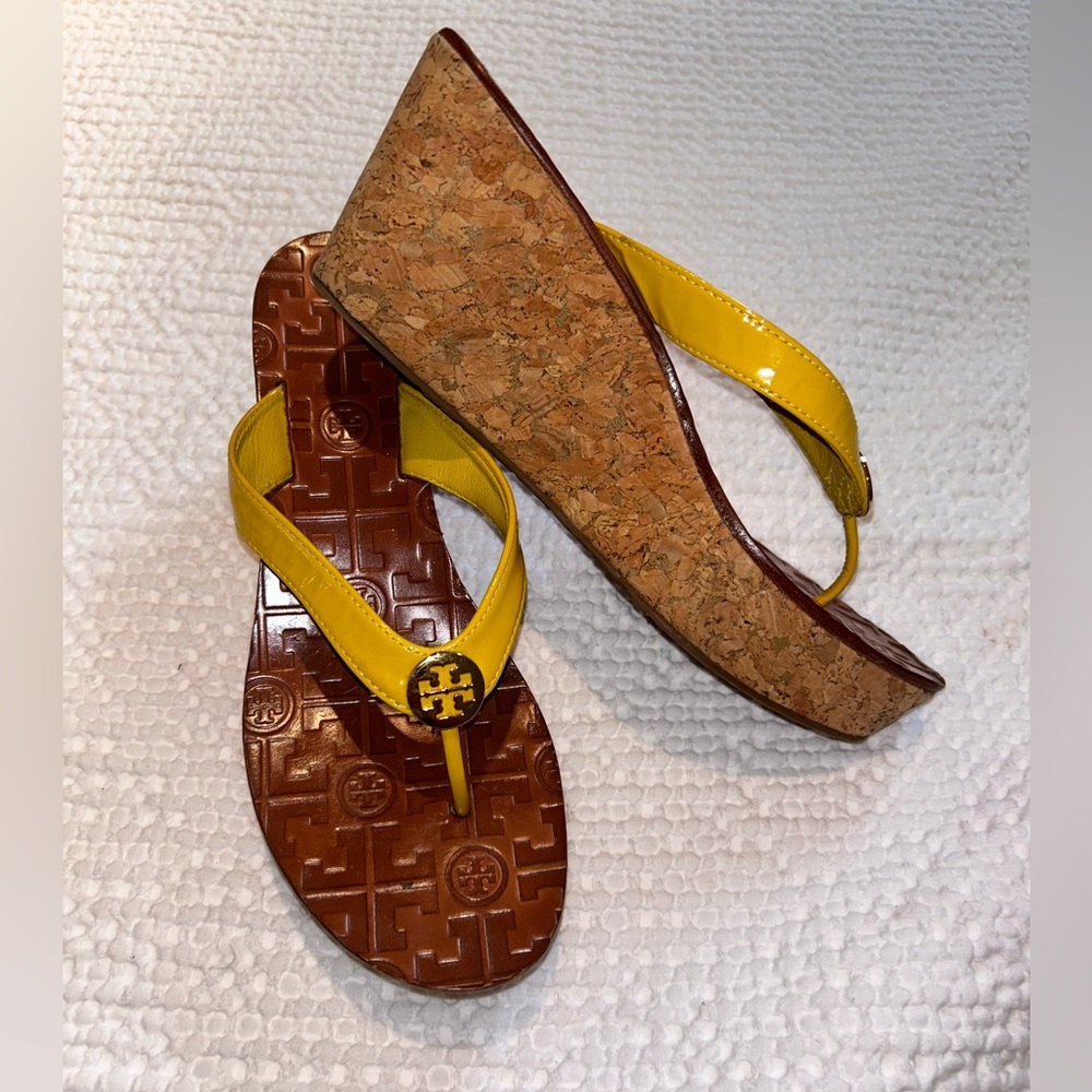 Tory Burch Thora Patent Leather Yellow and Cork Wedge Sandals